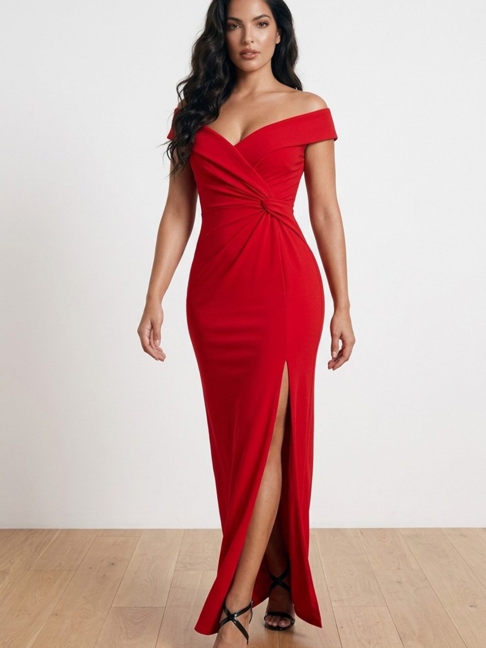 Lauren Ralph Lauren Red Off-Shoulder Knot-Detail Maxi Dress